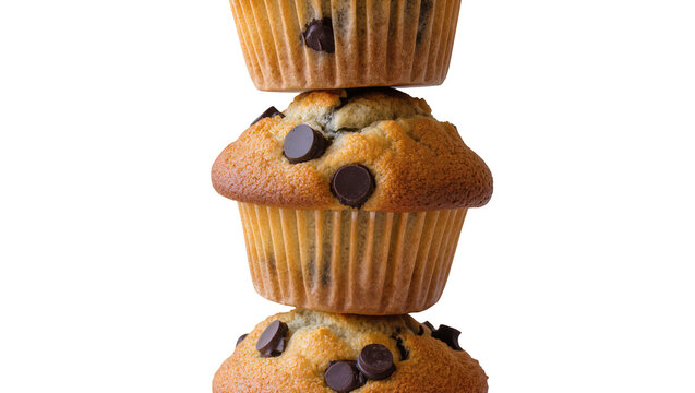 Stack of three chocolate chip muffins golden brown and fluffy, isolated on transparent background