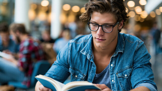 Young male college student with glasses reading a book in university library or campus common area