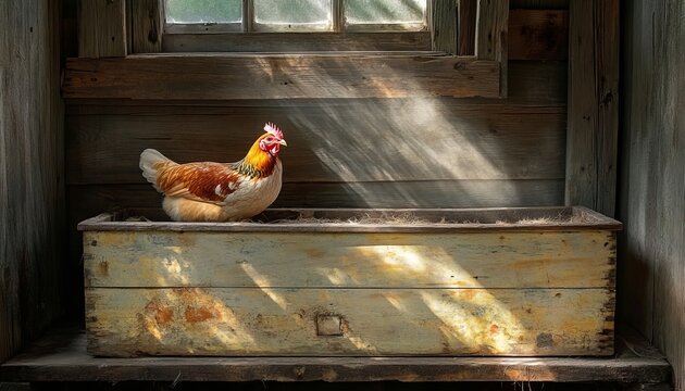 A Calm Hen Nesting Comfortably Inside a Wooden Box in a Rustic Farm Chicken Coop at Dawn