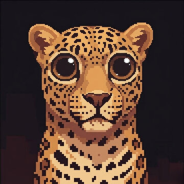 Detailed pixel art leopard portrait looking forward