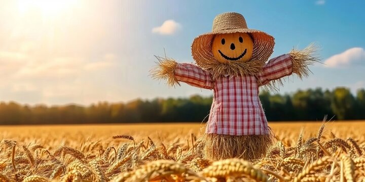 A Charming Decorative Scarecrow Standing Proudly In The Center Of A Golden Ripe Wheat Harvest Field