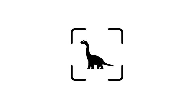 Digital scan animation of black dinosaur silhouette inside square frame with green laser beam.
