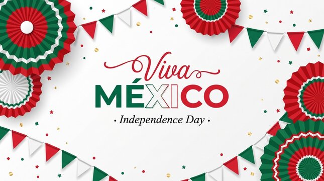 Viva Mexico Independence Day celebration background, festive Mexican flag colors bunting and paper fans, patriotic holiday vector illustration