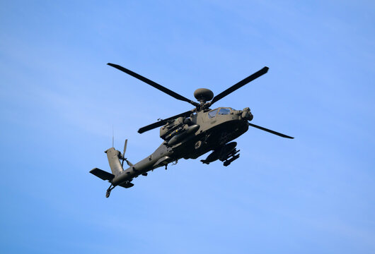 A Boeing AH-64D attack helicopter performs a training flight