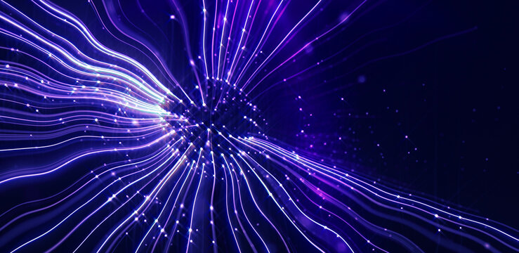 Glowing purple lines radiate from a central core in digital space