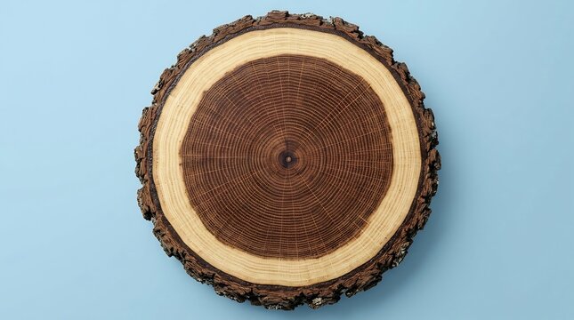Tree trunk cross section showing detailed annual growth rings and rough bark on a light blue background