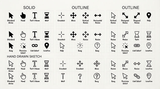 Computer Mouse Cursor Pointer Icons Set in Solid, Outline and Hand Drawn Sketch Styles