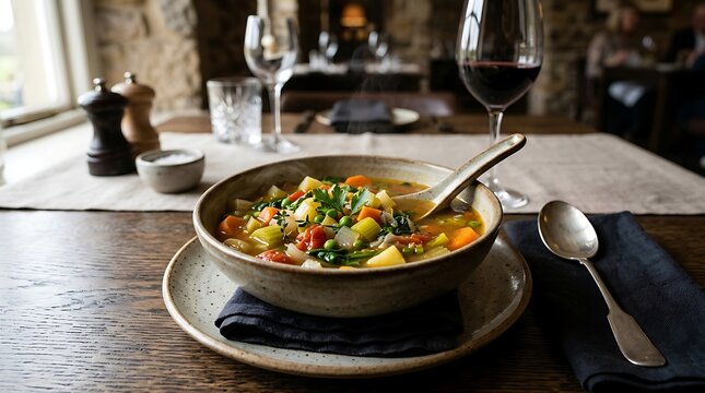 Bowl of hearty vegetable soup served on a rustic restaurant table