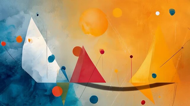 Colorful abstract geometric shapes in motion across a vibrant background