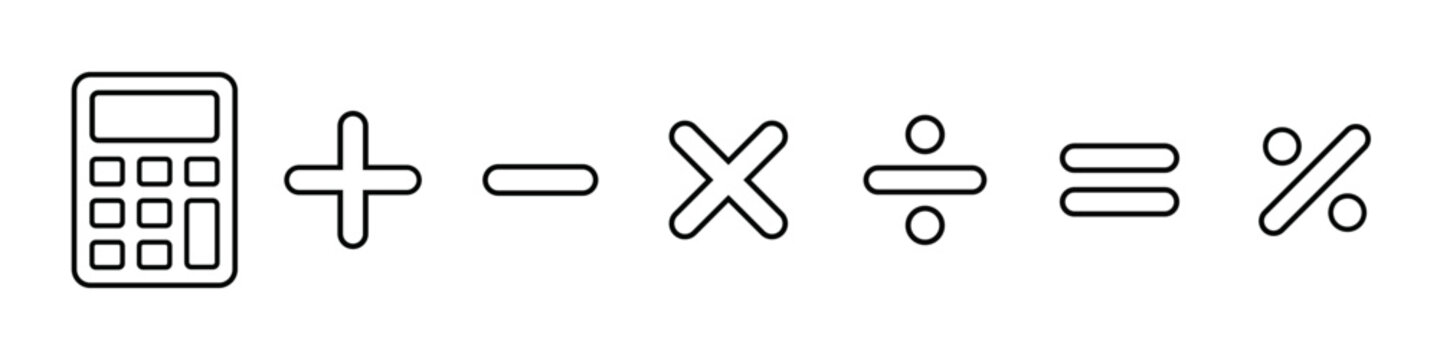 Calculator icon set with plus, minus, multiply, divide, equals and percentage sign. Math and calculation symbols for finance, accounting and education app UI
