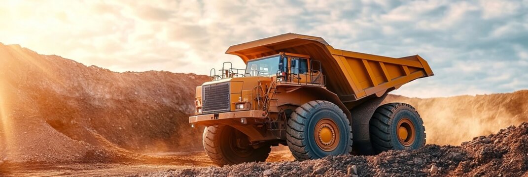 Large Industrial Yellow Mining Dump Truck Working on a Construction Site During Clear Daytime Hours