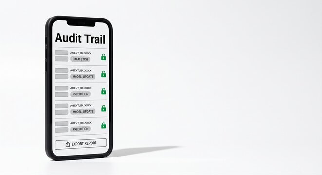 Smartphone standing on isolated white background displaying AI agent audit trail and export report UI