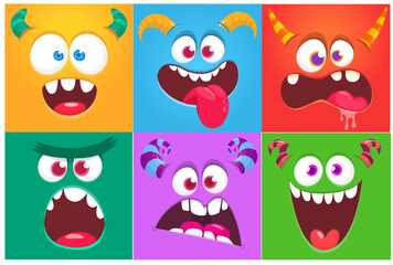 Naklejka premium Funny cartoon monsters faces. Illustration of monster creatures character design with various face expressions. Great for Halloween decoration for children or package design