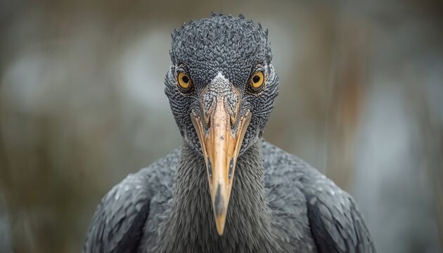 Close-up headshot of a Shoebill bird (Balaeniceps rex) with large yellow eyes and a powerful, wide beak, looking directly at the viewer, showcasing its unique grey plumage and prehistoric appearance.