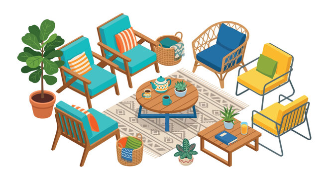 Isometric living room furniture arrangement vector illustration with white background