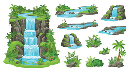 Waterfall And Tropical Vegetation Vector Illustration Collection © SHANTI