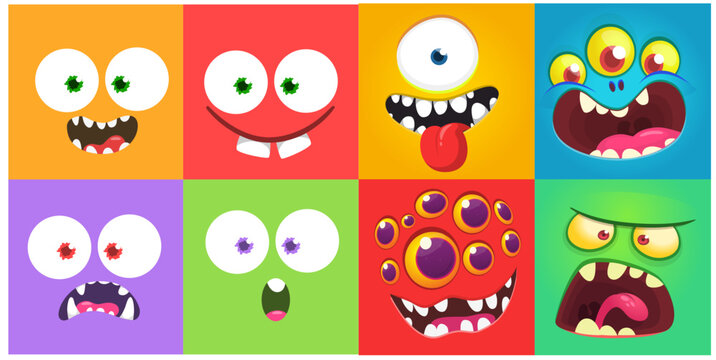 Funny cartoon monsters faces. Illustration of monster creatures character design with various face expressions. Great for Halloween decoration for children or package design