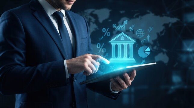The global banking system and economy under the influence of central bank monetary policy, focusing on growth, inflation, and interest rates.