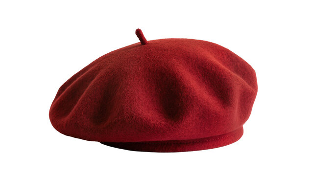 Deep red felt beret with a small stem, isolated on transparent background