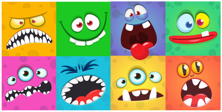 Funny cartoon monsters faces. Illustration of monster creatures character design with various face expressions. Great for Halloween decoration for children or package design