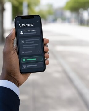 Businessman hand holding smartphone displaying AI agent request UI, remote approval and human control on the go