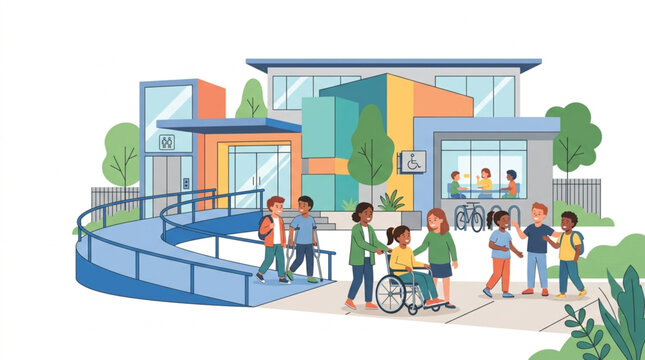 Diverse group of children, including one in a wheelchair, walk towards a modern, inclusive school building with a vibrant, welcoming atmosphere and colorful architectural elements