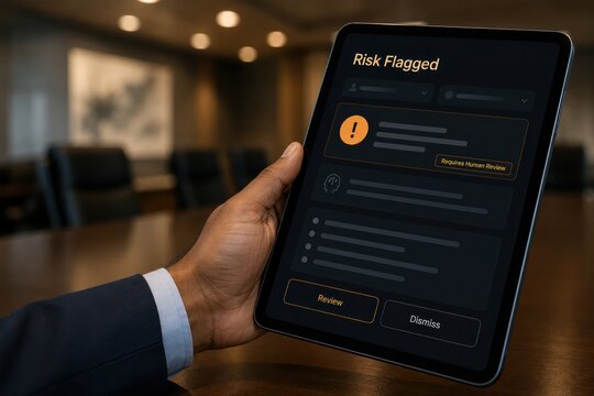 Businessman holding tablet displaying risk flagged alert by AI agent, human review required for compliance governance