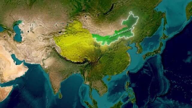 Inner Mongolia Autonomous Region Highlighted on 3D Satellite Map of China