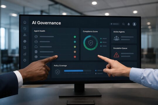 Diverse business executives pointing at AI Governance dashboard monitor, analyzing agent health and escalation queue in modern office