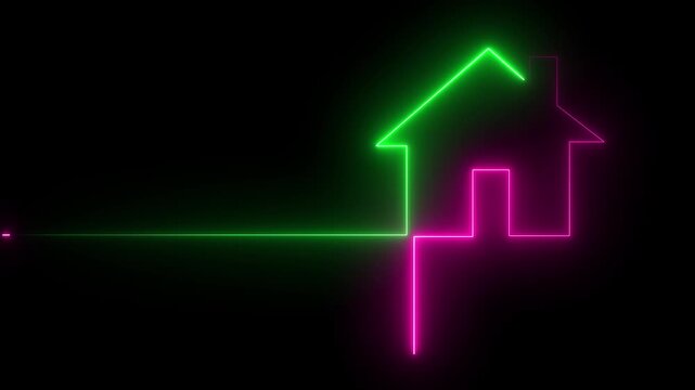 Glowing neon home icon animation. house building Glowing Neon Home Icon property apartment animated. illuminated on dark background.