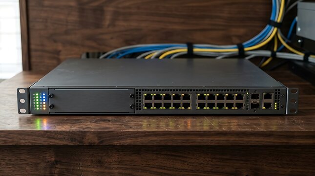 Professional network switch with active ethernet ports on wood table