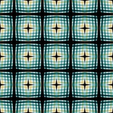 A seamless geometric plaid pattern featuring a distorted grid effect in teal, green, and beige hues, centered with sharp black four-pointed stars for a modern textile design.