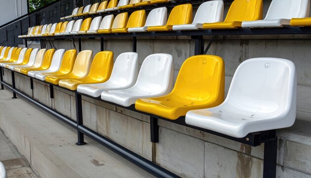 Rows of empty yellow and white stadium seats on tiered bleachers
