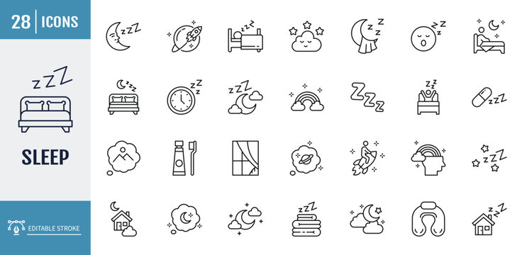 Sleep icon set. including sleeping, bedroom, dream, pillow, bed, alarm clock, insomnia, night, rest and sleep disorders icons. outline icon set. vector illustration with editable stroke