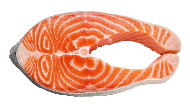 Fresh raw salmon steak with distinct orange and white marbling, isolated on transparent background
