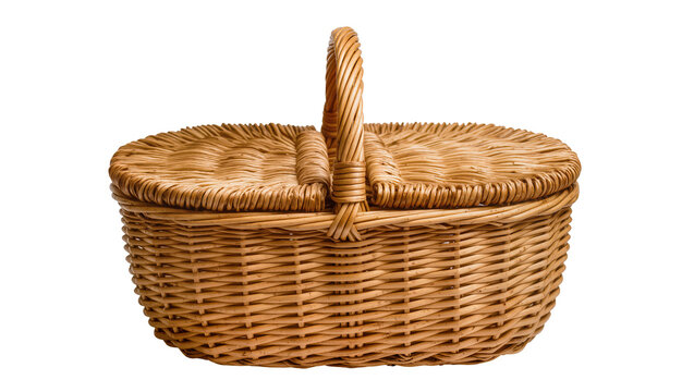 Oval woven wicker picnic basket with handle and lid, isolated on transparent background