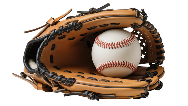 Brown leather baseball glove cradling a white ball with red stitching, isolated on transparent background