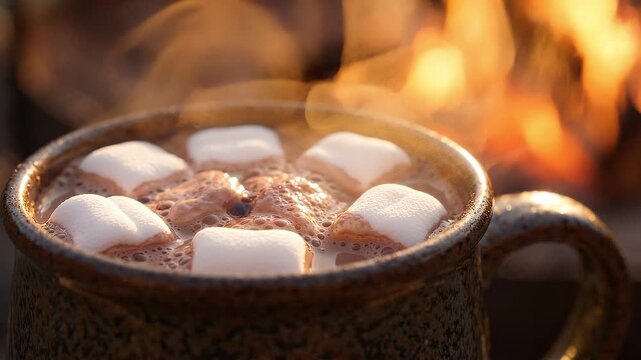 Hot chocolate in a rustic mug with marshmallows, steam rising above, set against a warm, glowing campfire background creating a cozy atmosphere