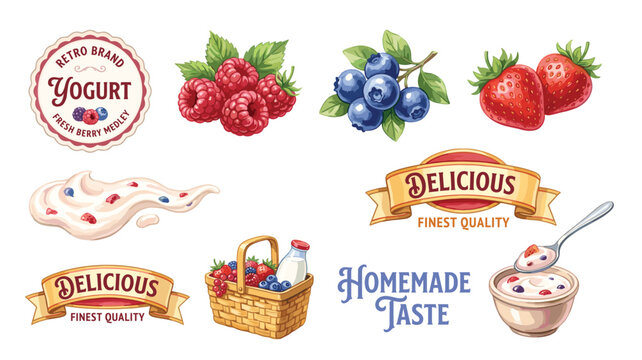 Watercolor yogurt branding elements featuring berries, labels, ribbons, creamy splashes, premium packaging collection.