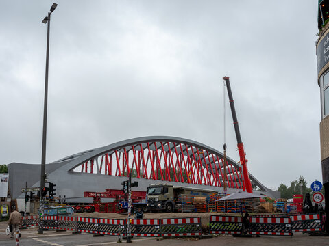 Hamburg, Germany - 07222026: The newly constructed Sternbr&uuml;cke railway bridge is temporarily stored at a construction site near Sternschanze, shortly before being transported.