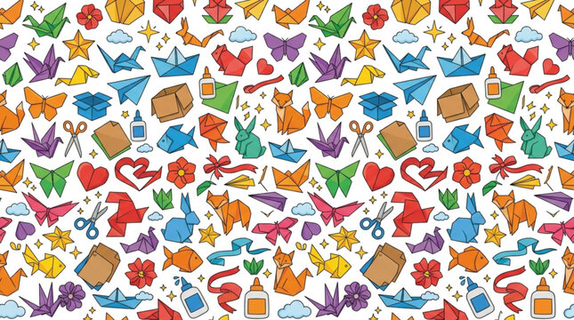 Colorful cartoon animals and objects seamless pattern design.