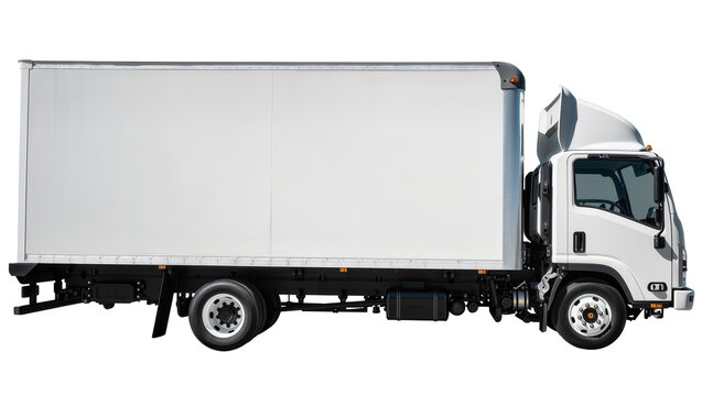White delivery box truck with large cargo container, isolated on transparent background