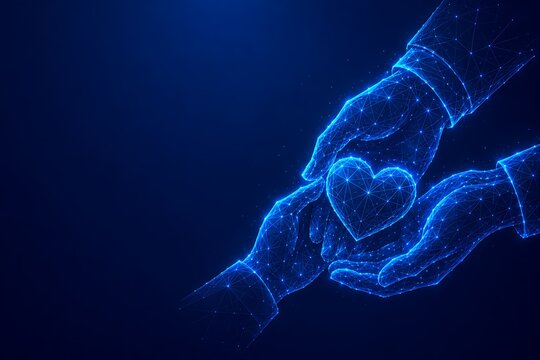 Digital glowing wireframe hands gently holding a small heart symbol. national girlfriends & valentine's day with wireframe abstract technology. national girlfriends & valentine's day