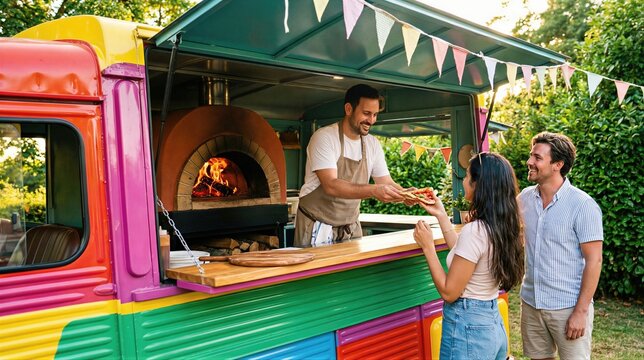 Man pizza maker hands slice of artisan wood fired pizza to woman customer at colorful food truck. Summer fair street food service with catering service and mobile restaurant concept.
