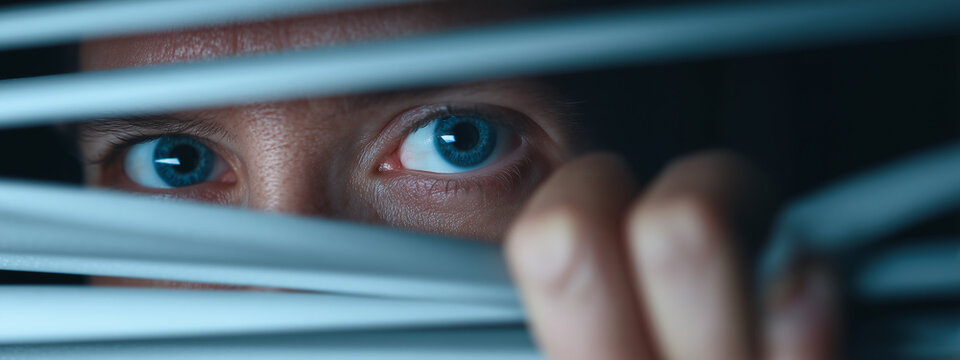 Person peeking through blinds with blue eyes during night in a dark room