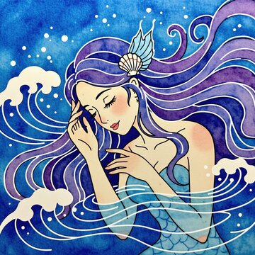 Watercolor illustration of young mermaid with long purple hair, seashell hair accessory. Beautiful fantasy lady with closed eyes posing underwater. Aquatic fairy tale character with blue fishtail