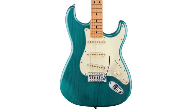 Teal electric guitar with cream pickguard and chrome hardware, isolated on transparent background