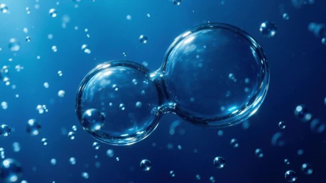 Close up of oxygen molecule H2 with water bubbles in a blue liquid background