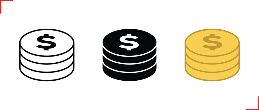 Coin stack icon set for money and finance design. Includes outline, black, and gold variations. Ideal vector for savings, wealth, and currency interfaces.