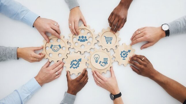 Gears symbolizing teamwork and engagement in a professional environment with diverse hands collaborating
